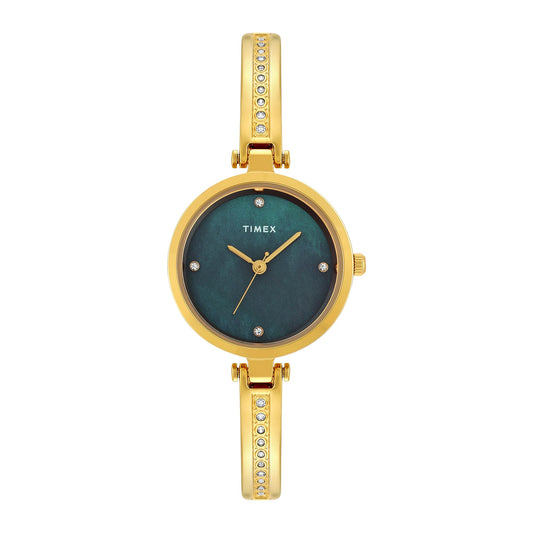 TIMEX Analog Watch for Women with Mother of Pearl Green Round Dial & Gold Brass Bracelet Band Water Resistant Women's Wrist Watches - TWEL200SMU03
