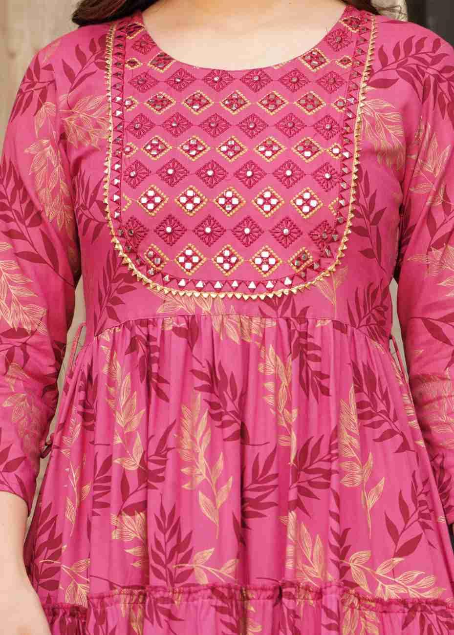 Women's Rayon Printed Anarkali Kurti | Festive Green & Pink Flared Long Dress &Frock (in, Alpha, 3XL, Regular, Pink)