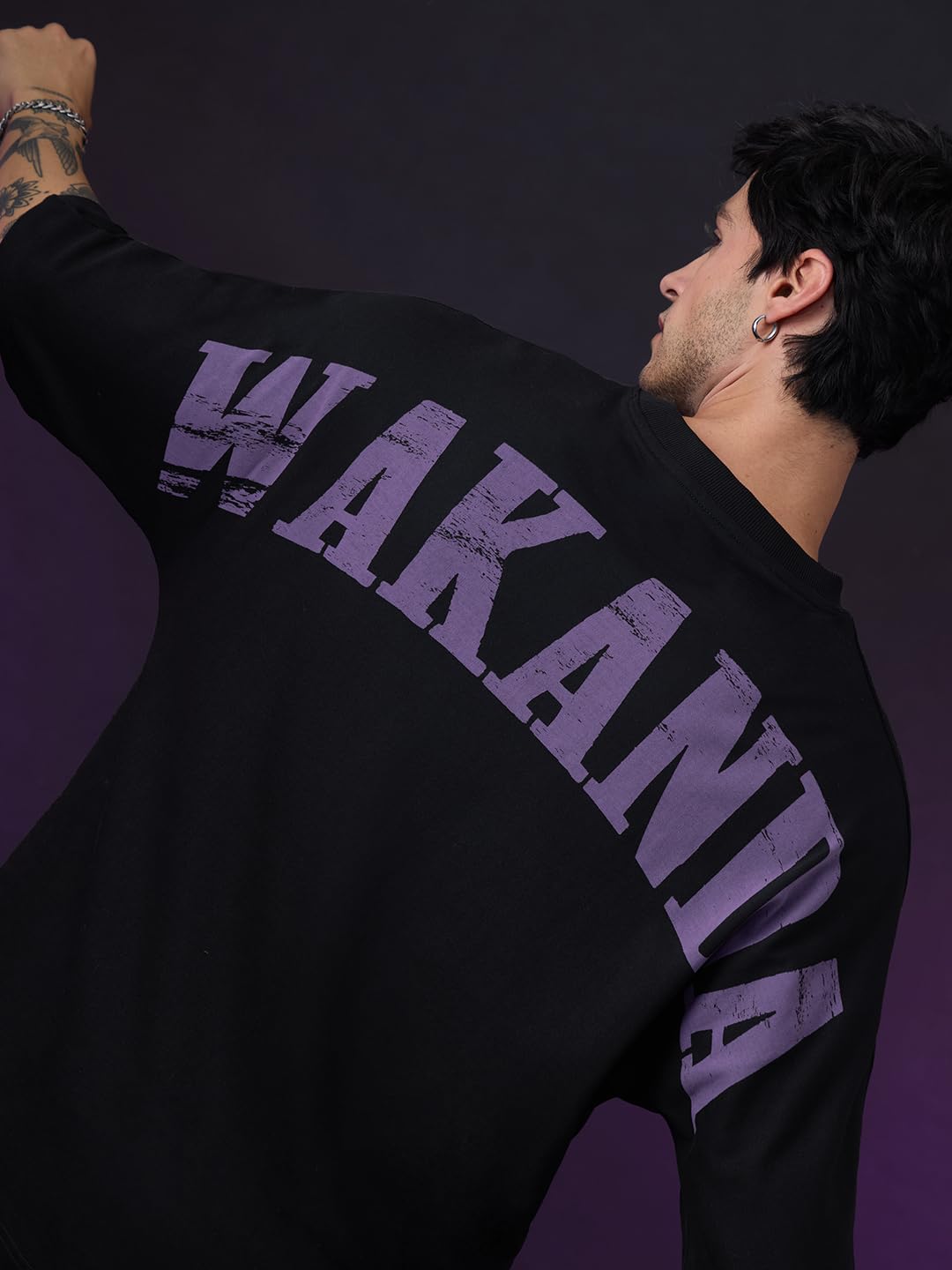 The Souled Store Black Panther: Royal Rule Men and Boys Short Sleeves Round Neck Black Graphic Printed Distressed Casual Streetwear Drop Shoulder Cotton Oversized T-Shirt