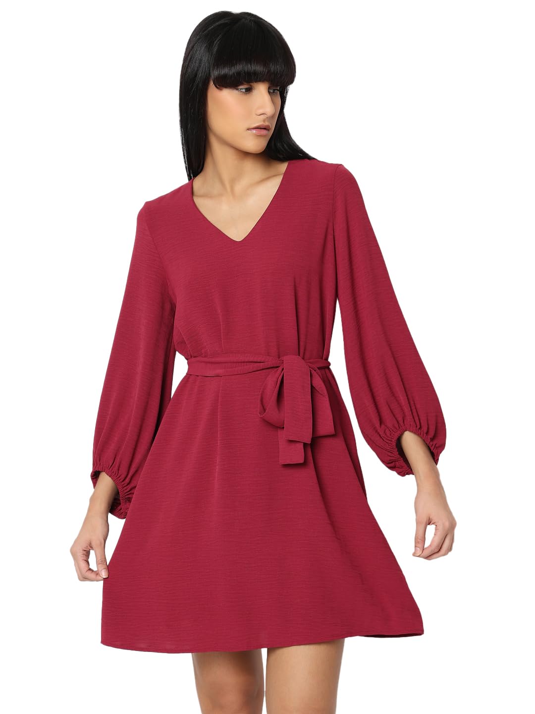 VERO MODA ' Women's' Polyester A-Line Above The Knee Dress (10315116-Red Plum_Red