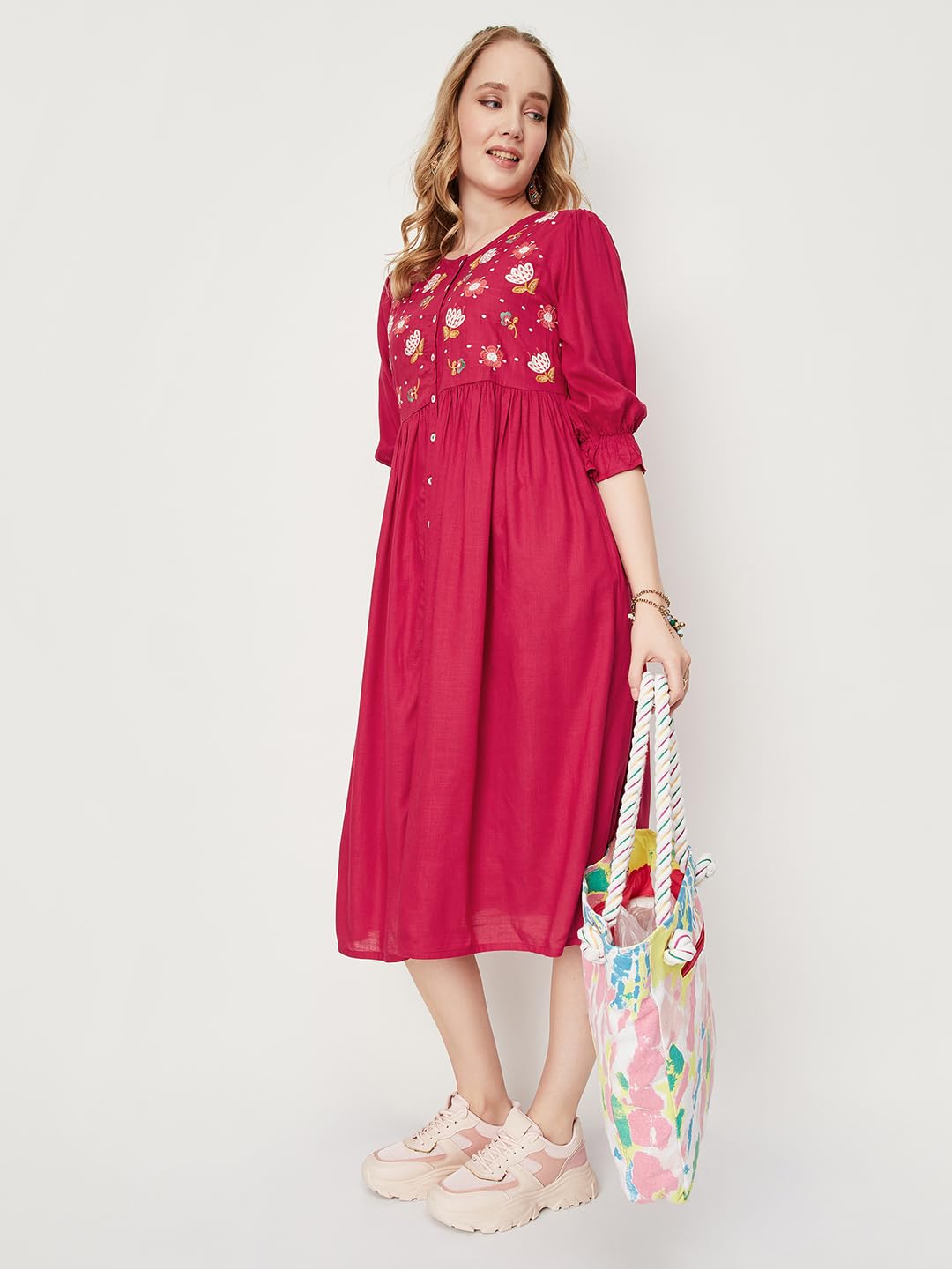 Max Women Embroidered Fit & Flare Midi Dress (EMBDRS33008RED)_M