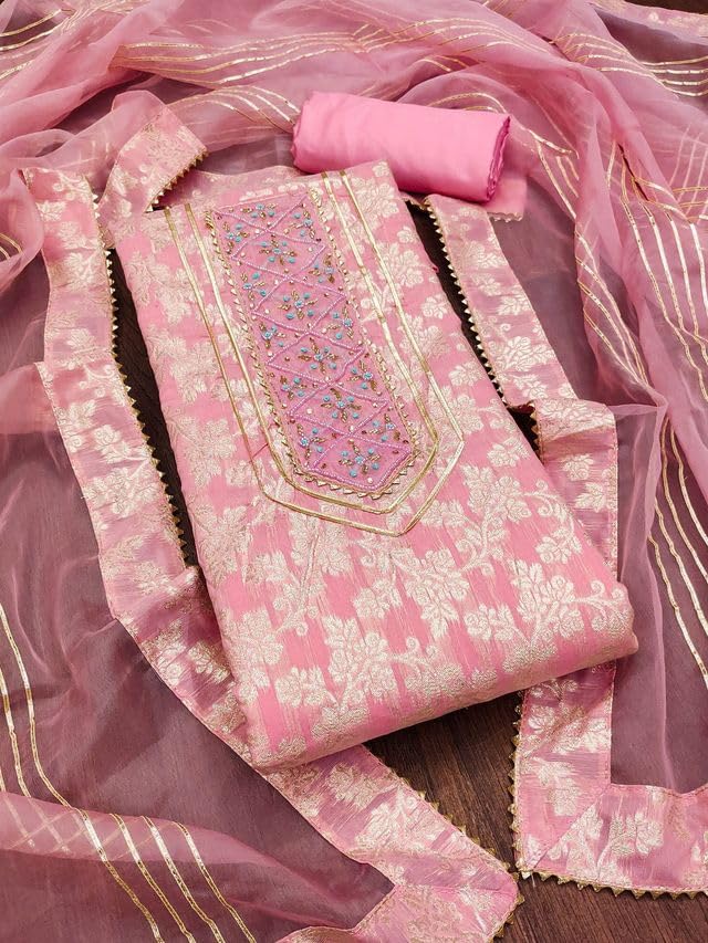 VARNI FABRICS Jacquard with Handwork Dress Material for Women Floral Unstitched Woman Salwar Suit Dress Material With Organza Dupatta Pink