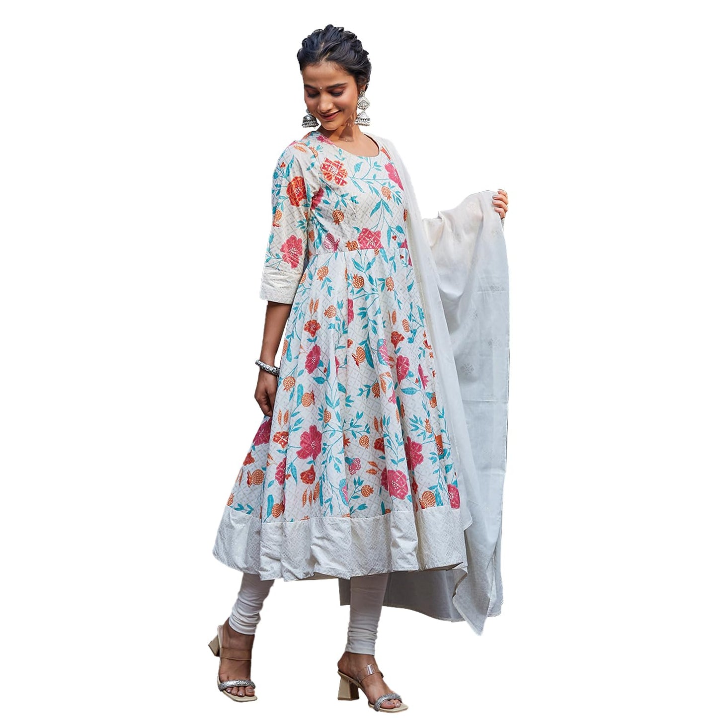 BIBA Women Cotton Anarkali Printed Suit Set (SKDSMERBLOOM9596SS24OWHT_Off White