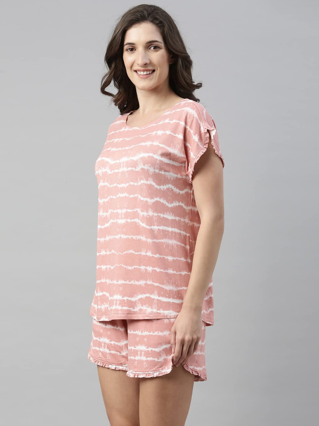 Enamor Essentials Women's Relaxed Fit Modal Fabric Short Sleeve Printed Shirt and Mid-Rise Mid-Thigh Length Slounge Shorts Set - EC14(EC14-Rouge Tie Dye Aop-XXL)