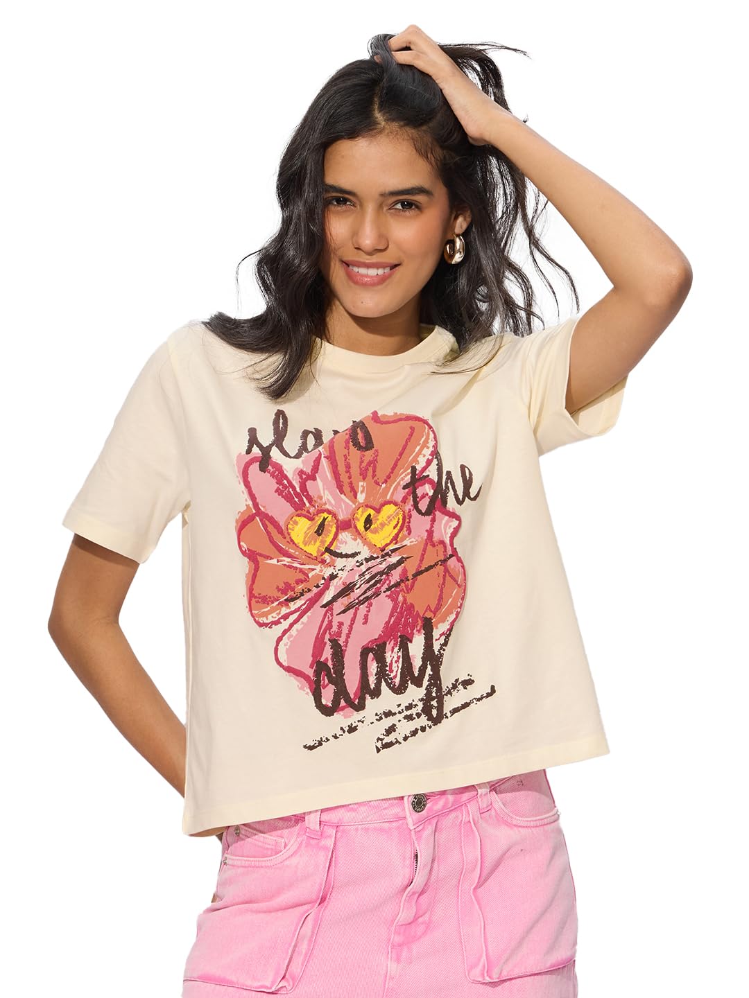 The Souled Store Let's Slay! Women and Girls Short Sleeves Round Neck Off White Graphic Printed Cotton Oversized T-Shirts