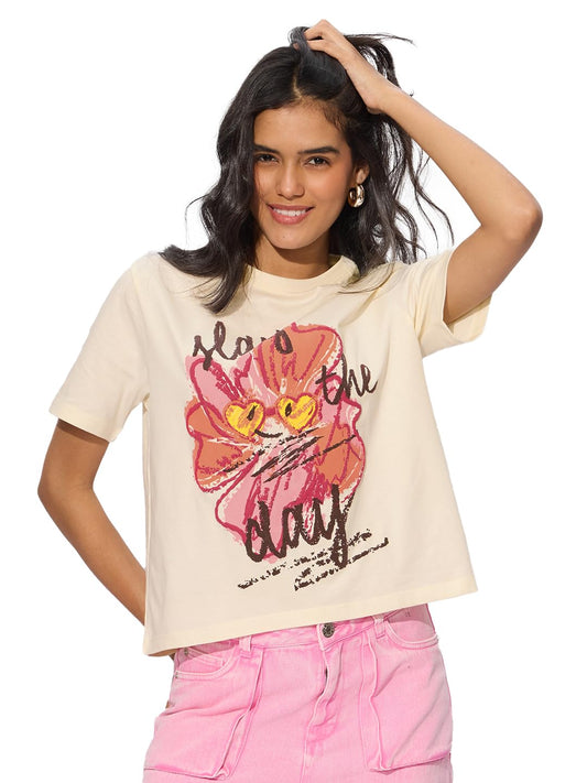 The Souled Store Let's Slay! Women and Girls Short Sleeves Round Neck Off White Graphic Printed Cotton Oversized T-Shirts