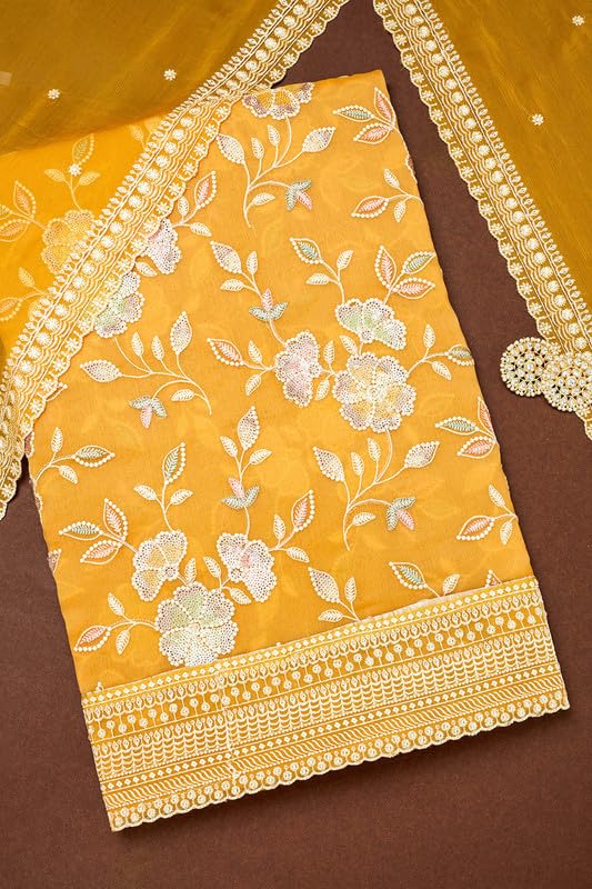Soch Womens Yellow Crinkle Chiffon Embroidered Unstitch Dress Material With Sequins