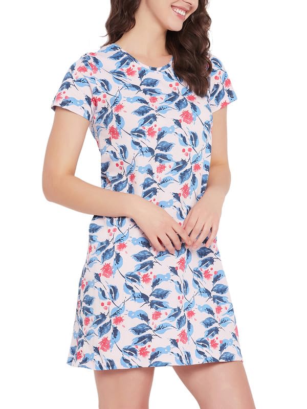 Clovia Women's Cotton Printed Short Night Dress (NS5206P22_Pink_M)