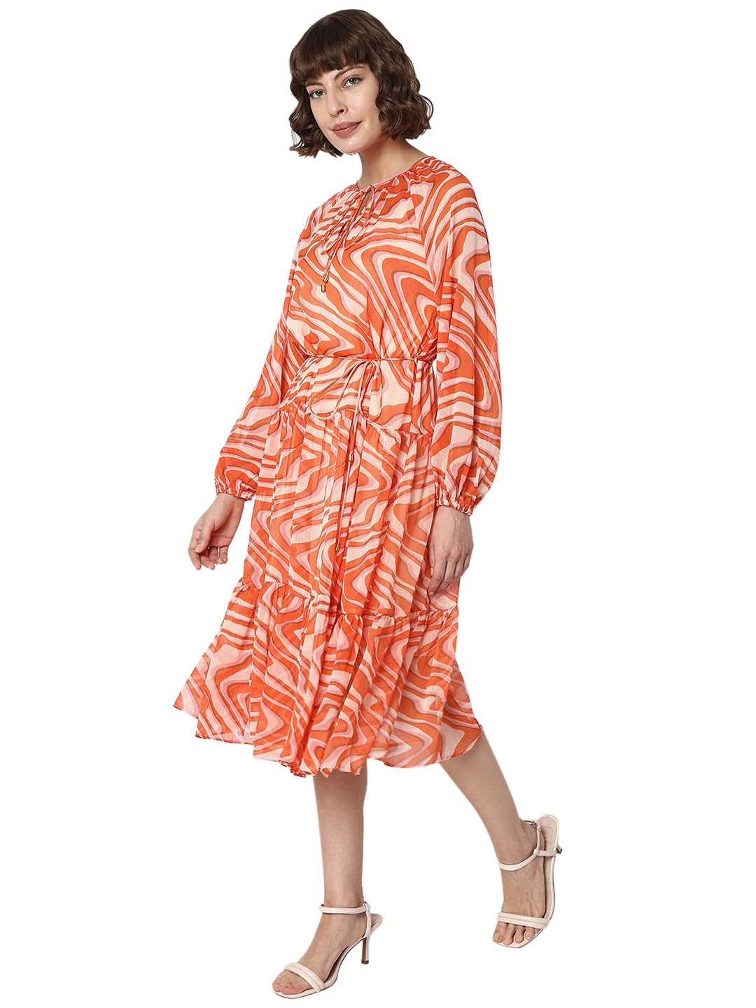 VERO MODA Women's Polyester Modern Midi Casual Dress (10299664-Coral Cloud_Coral