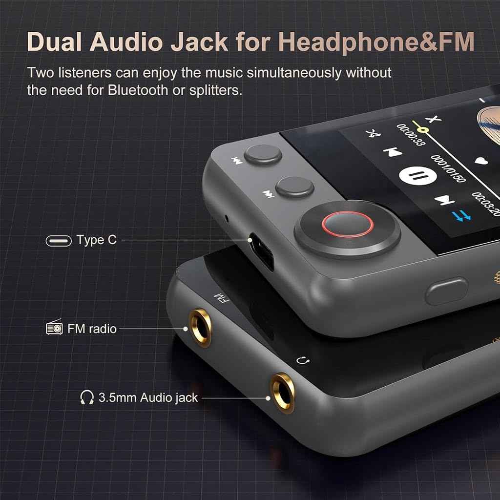 AUDIOCULAR M71 MP3 Music Player with Bluetooth 5.3, HiFi Speaker, 2.4” Touch Screen, 32GB Storage (Up to 128GB), Dual Audio Jack, Type-C Port, Video Playback, E-Book, Alarm, FM Radio etc. (32GB-Grey)