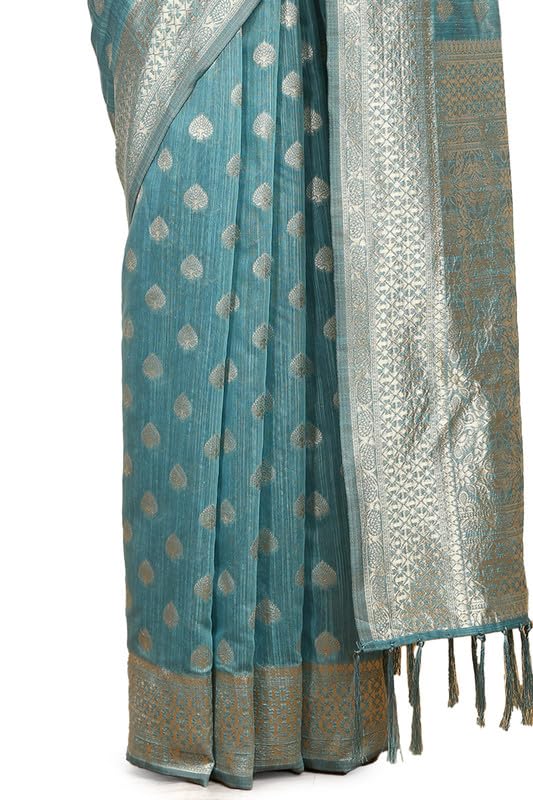 Soch Womens Turquoise Blue Tussar Woven Design Saree With Tassels