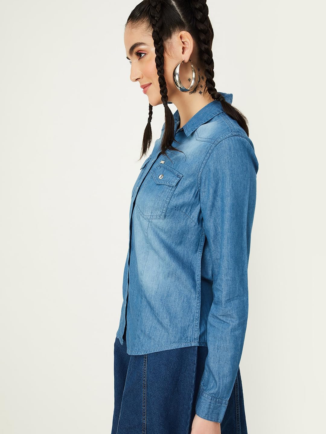 Max Women Washed Denim Shirt (ATTICUS1DMID Blue)_XS