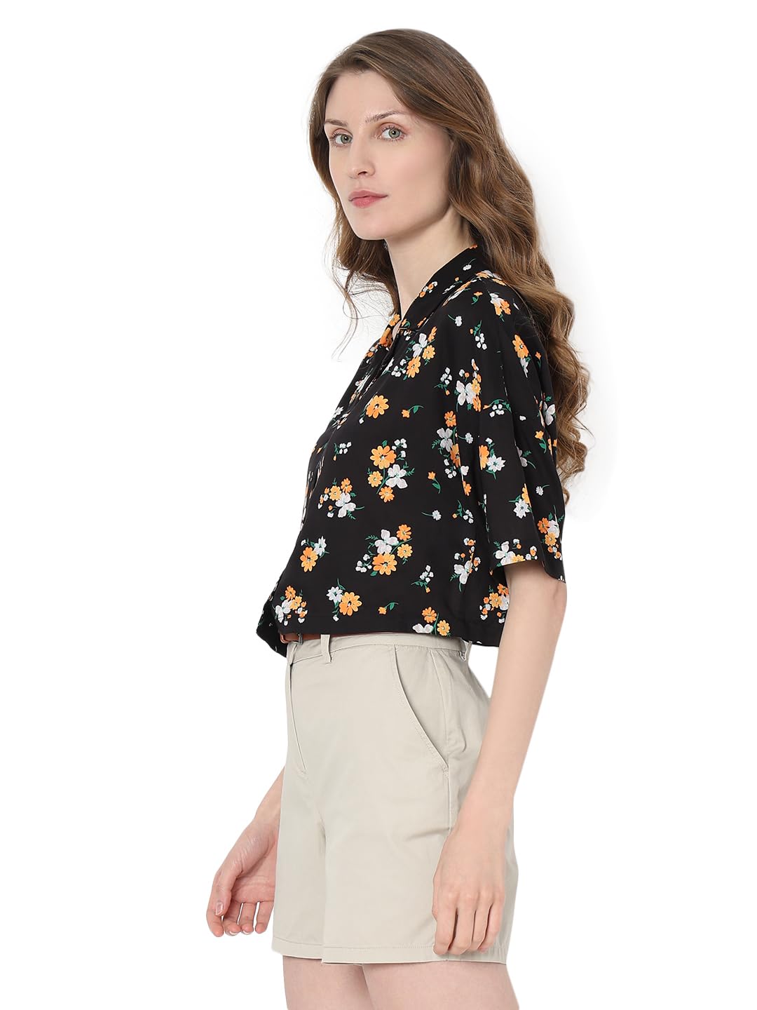 VERO MODA Women Floral Print Black Viscose Boxy Fit Crop Length Shirt