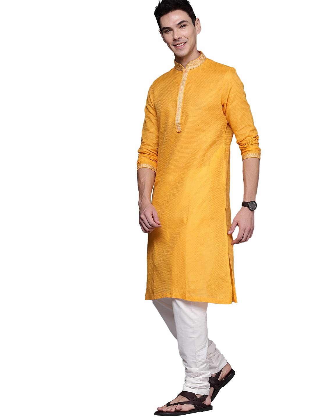 Manyavar SelfDesign Knee Long Kurta and Churidar Set For Men - (Yellow, Large)