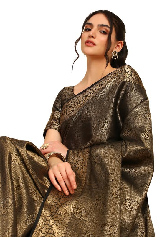 Soch Womens Black Ethnic Motifs Woven Design Zari Silk Blend Saree