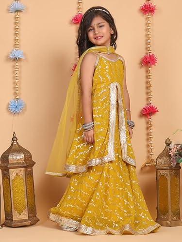 superminis Girls Georgette Sequins Embroidery Sleeveless Lehenga Choli with Net Dupatta Ethnic Wear Set (8-10 Years, Mustard)