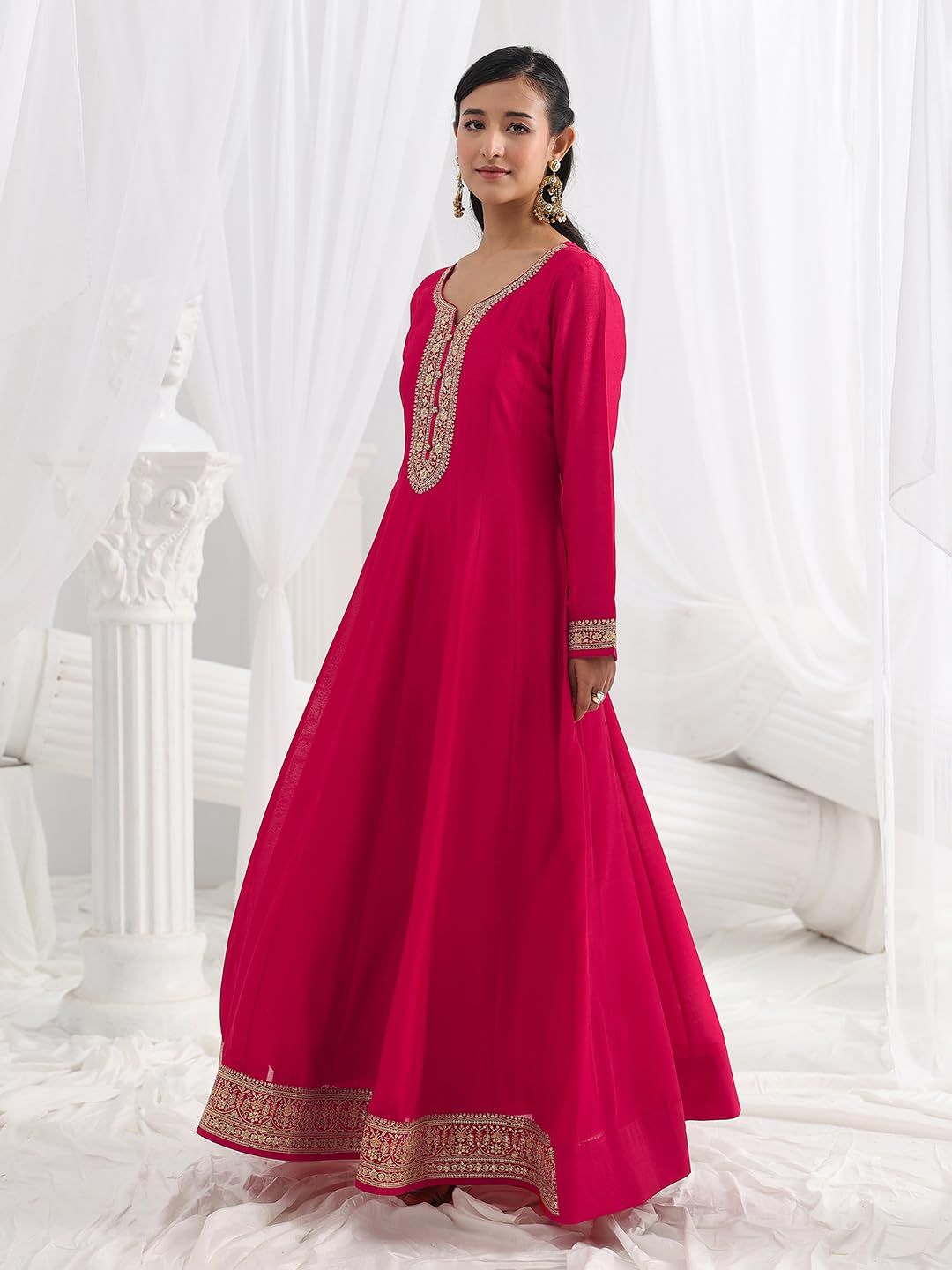 Libas Embroidered Silk Blend A-Line Ethnic Dress with Dupatta-93607M