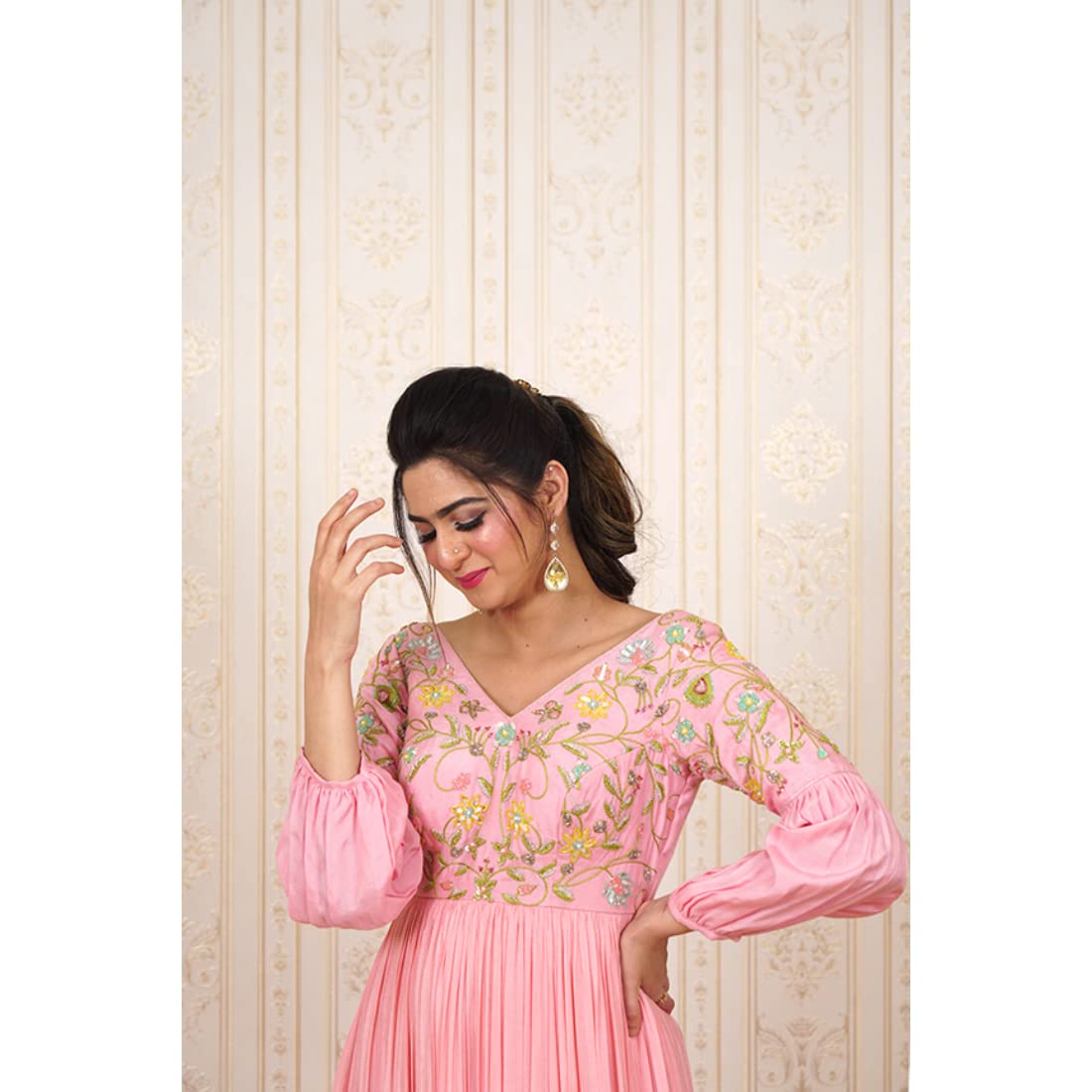 Avy's Label Chiffon Long Frock Baby Pink Maggam Work Lining Attached (Baby Pink, 38)