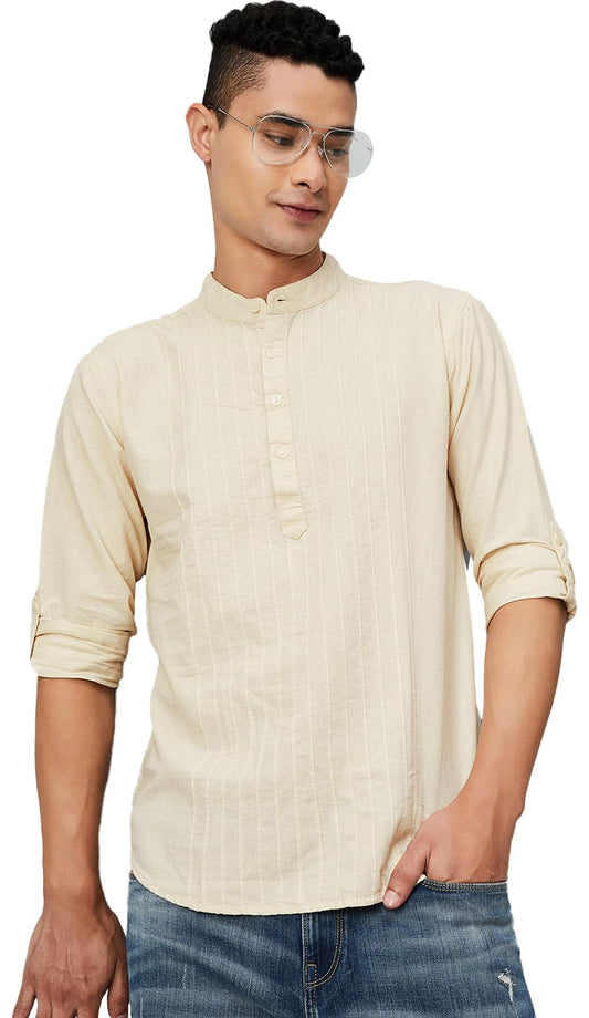 Max Men's Full Sleeves Mandarin Collar Solid Slim Fit Cotton Kurta Beige