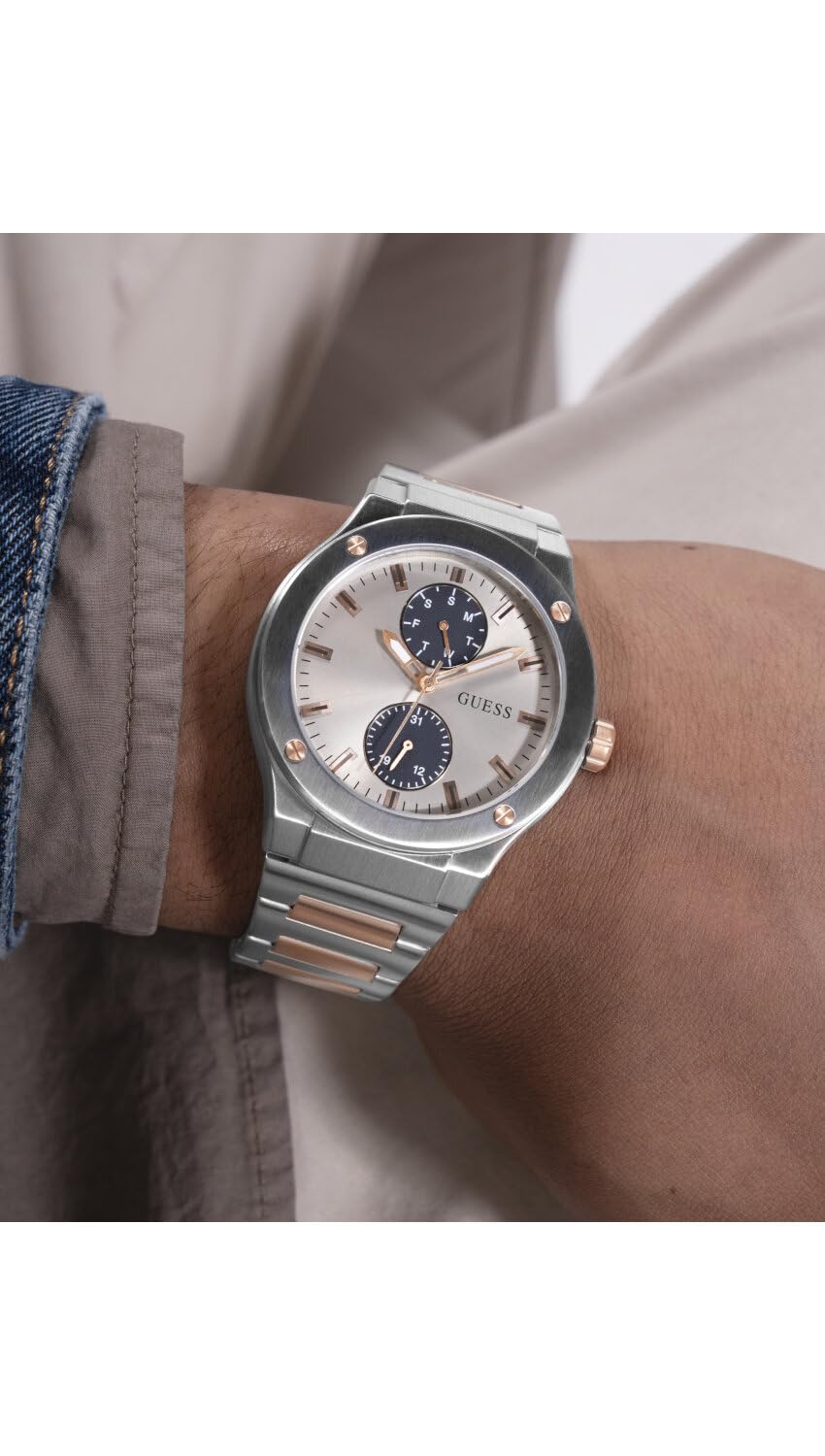 GUESS Stainless Steel Analog Grey Dial Men's Watch-Gw0795G2, Band_ Silver, Dial_ Beige