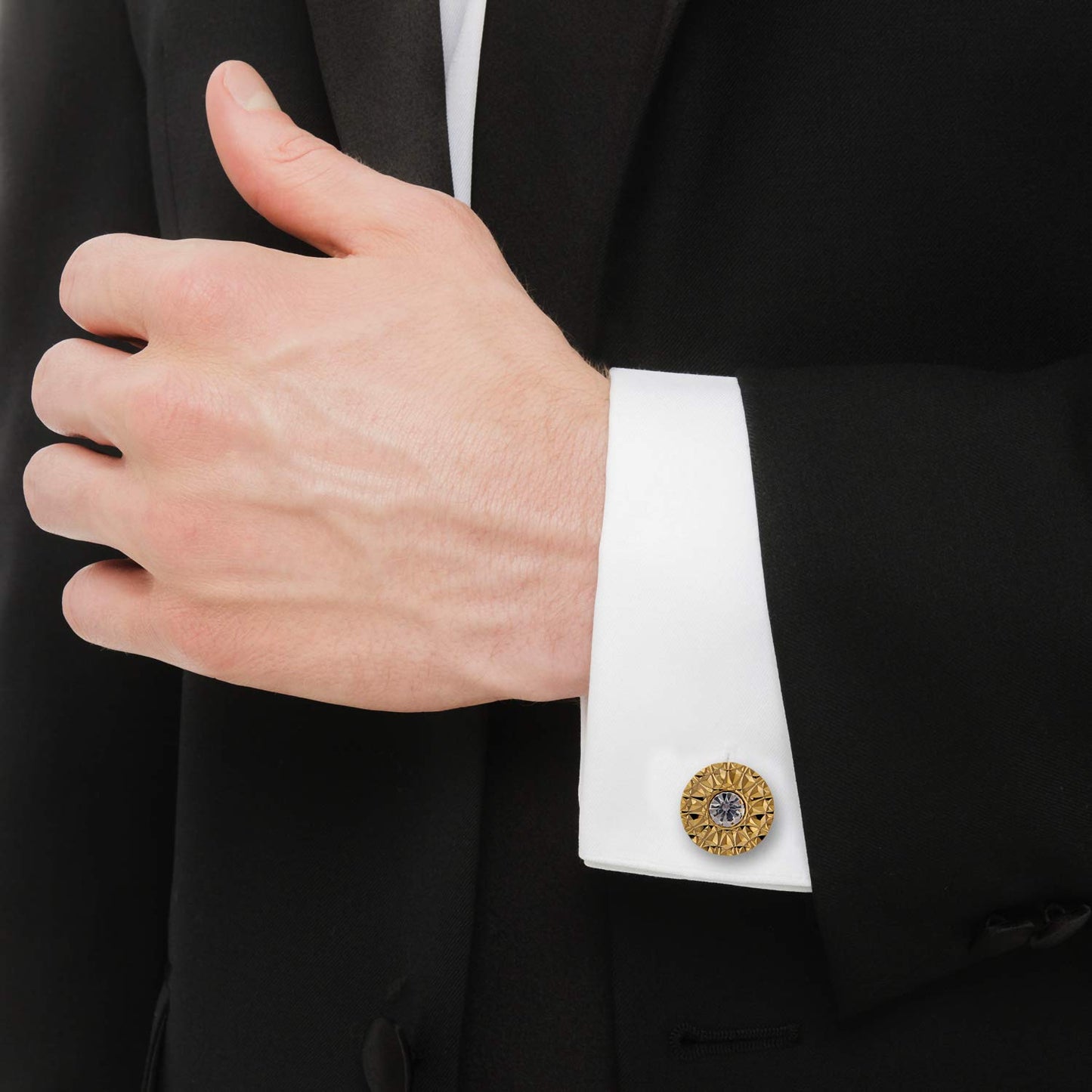 Lucky Jewellery Unique Men Jewelry White Color Stone Gold Plated Sleeve Button Formal Cuff Button Wedding Shirt Button, Suit, Blazer Cufflinks with Matching Tie Pin Gift Set For Men (245-M4C5-DCM38-W)