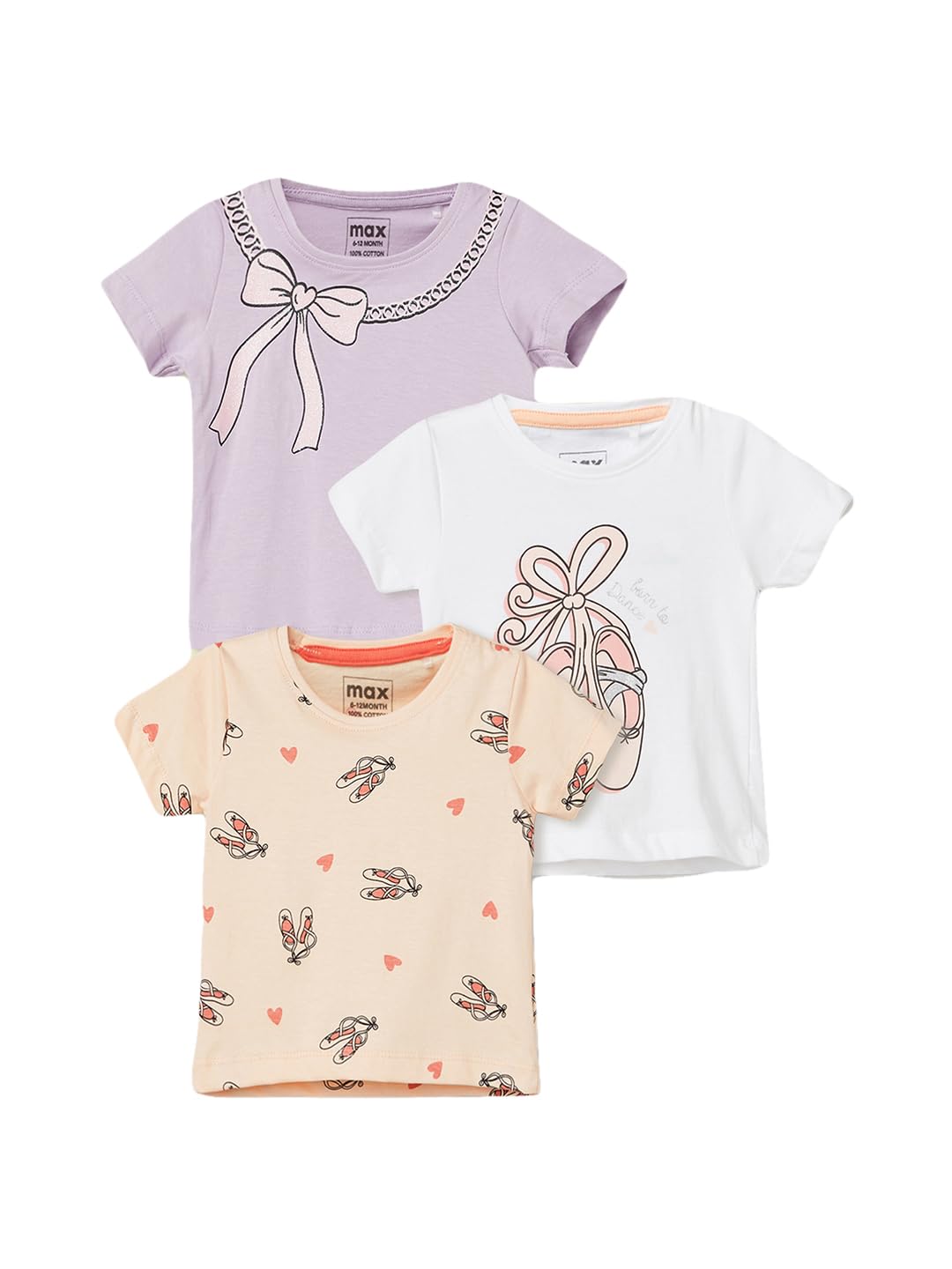 Max Girl's Half Sleeves Round Neck Cotton Printed T-Shirt - Pack of 3 White