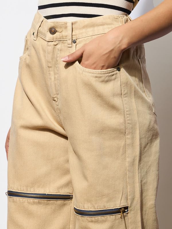 Beige Zipper Design Baggy Jeans