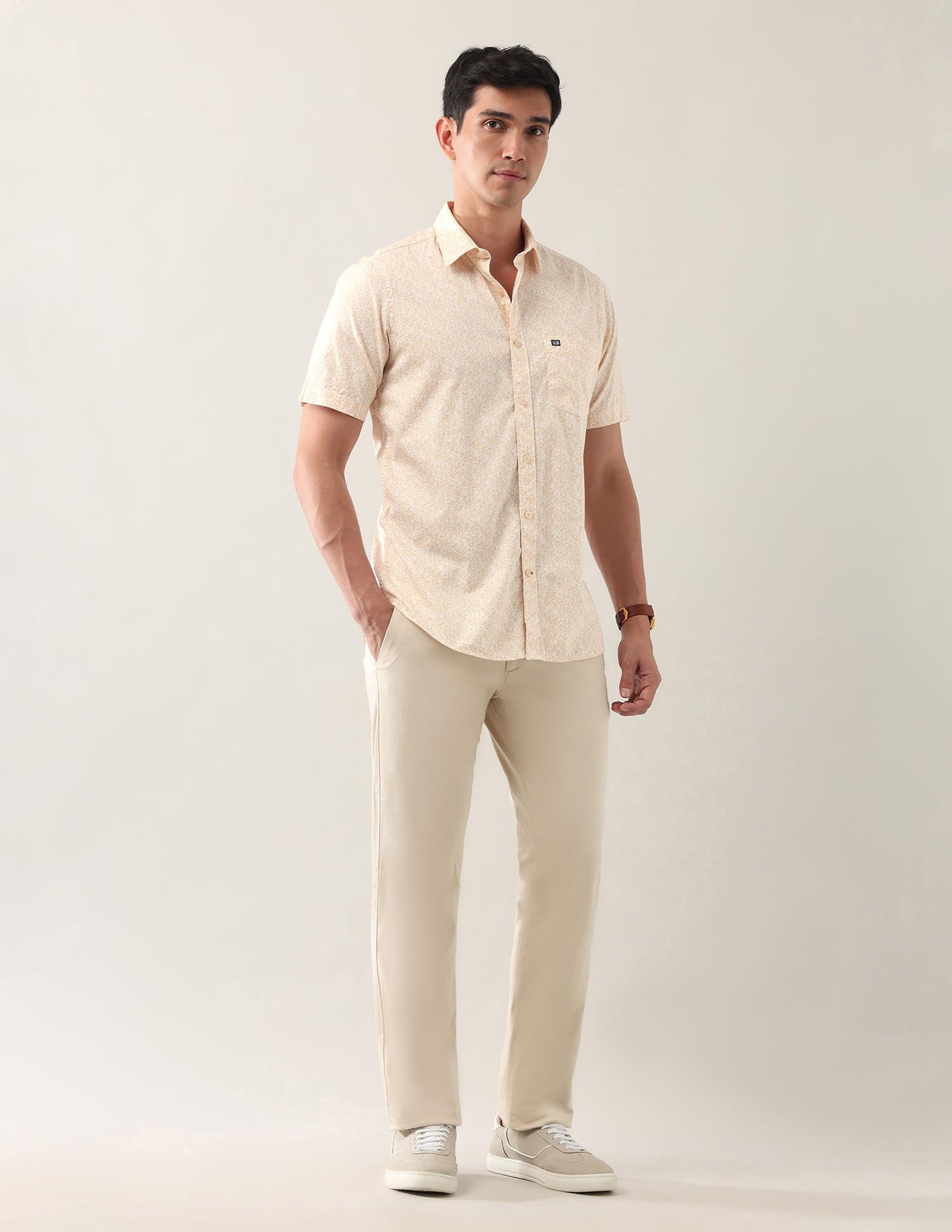 Arrow Sport Men's Leaves Regular Fit Shirt (ASAJSH1656_Light Yellow