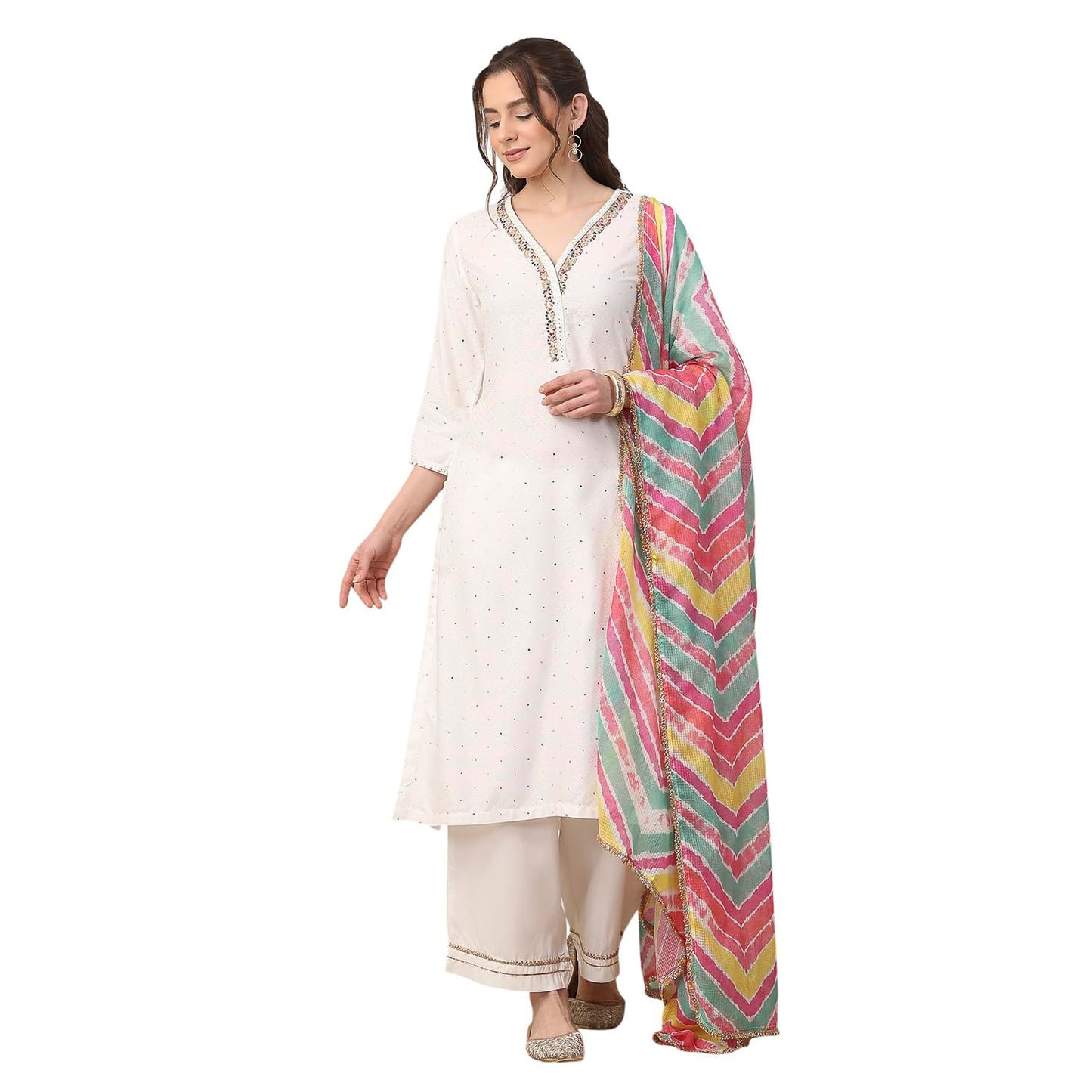 Biba Women White Viscose Rayon Straight Suit Set_42
