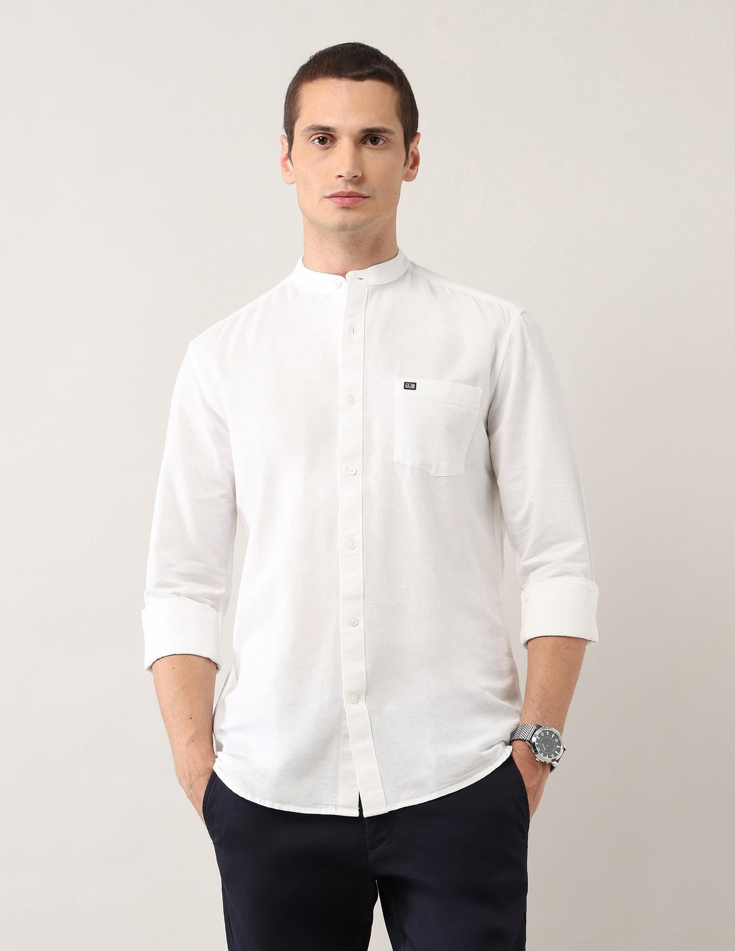 Arrow Sports Men's Slim Fit Pure Cotton Mandarin Collar Shirt (ASAEOSH1854_White_39)
