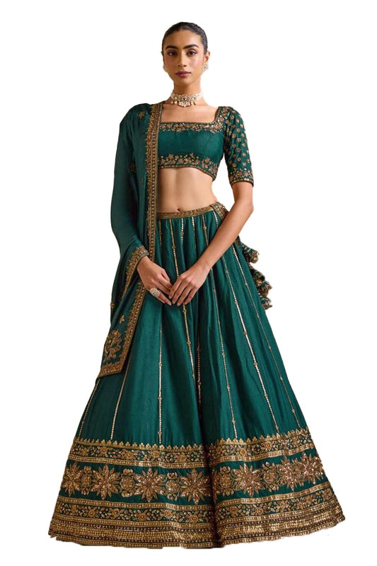 JIHU CULTURE Dark Green Vichitra Silk Sequence Embroidery Work Semi- Sttiched Lehenga Choli Set For Women's-JH254GRN