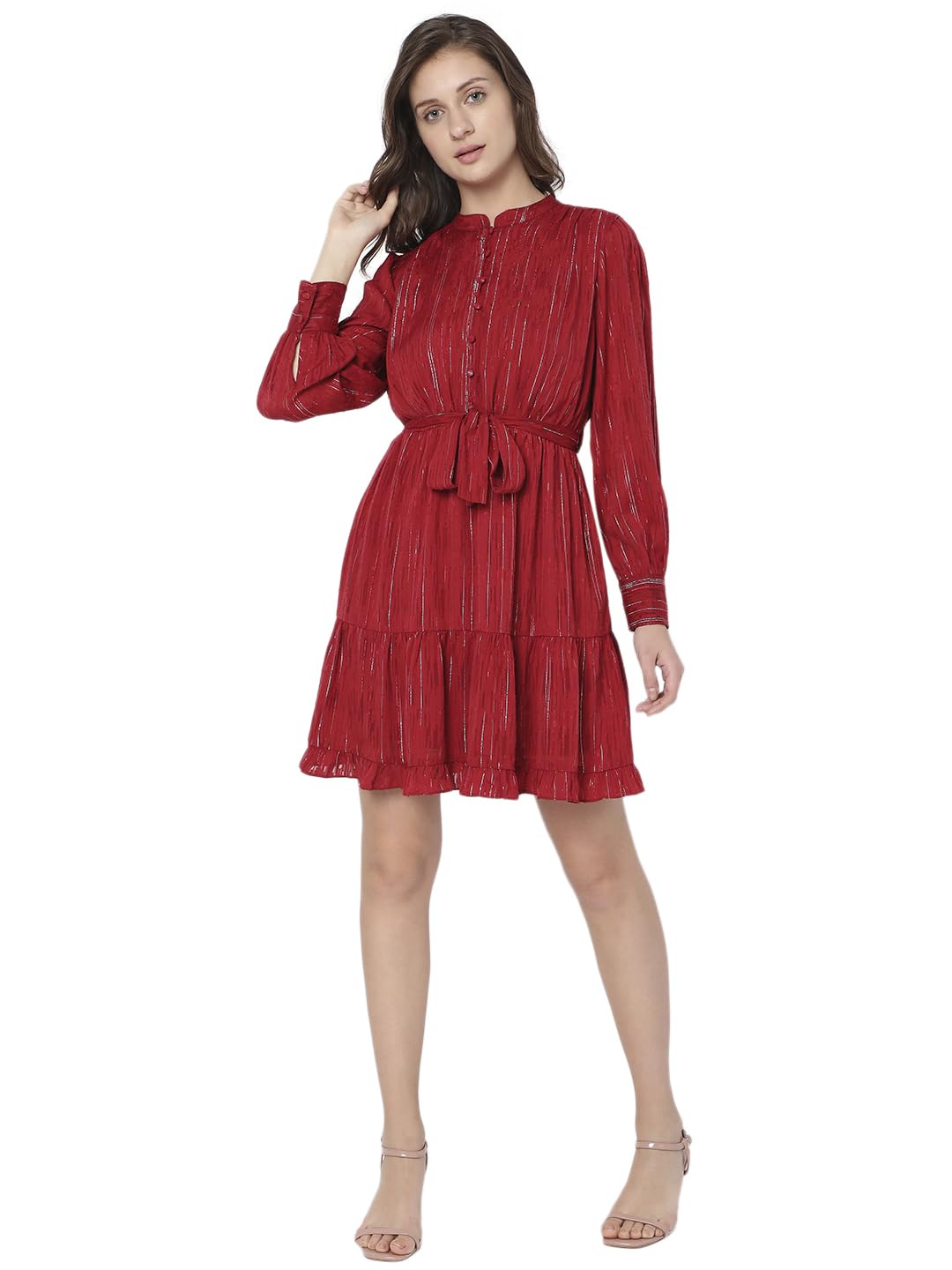 VERO MODA Women's Mini Polyester A-Line Red Dress_Large