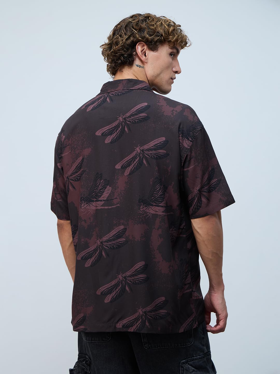 The Souled Store Oversized Shirt: Dragonfly Men and Boys Short Sleeves Cuban Collar Printed Viscose Relaxed Fit Casual Shirts |Dark Brown, S