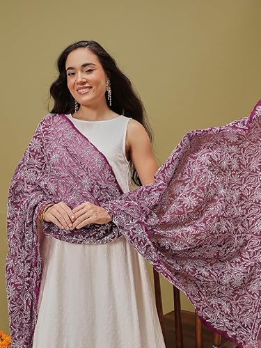 Ada Hand Embroidered Lucknowi Chikankari Georgette Ethnic Wear Dupatta stole for Women A511228 Wine