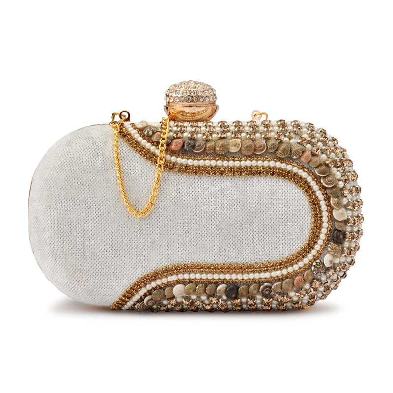 For The Beautiful You Elegant Beaded Clutch Purse for Women – Emroidered Bag with Gold Chain, Rhinestone Clasp and Stone Detailing (Cap Pebble White)