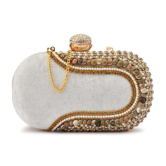 QHAN Elegant Beaded Clutch Purse for Women – Emroidered Bag with Gold Chain, Rhinestone Clasp & Stone Detailing (Cap Pebble White)