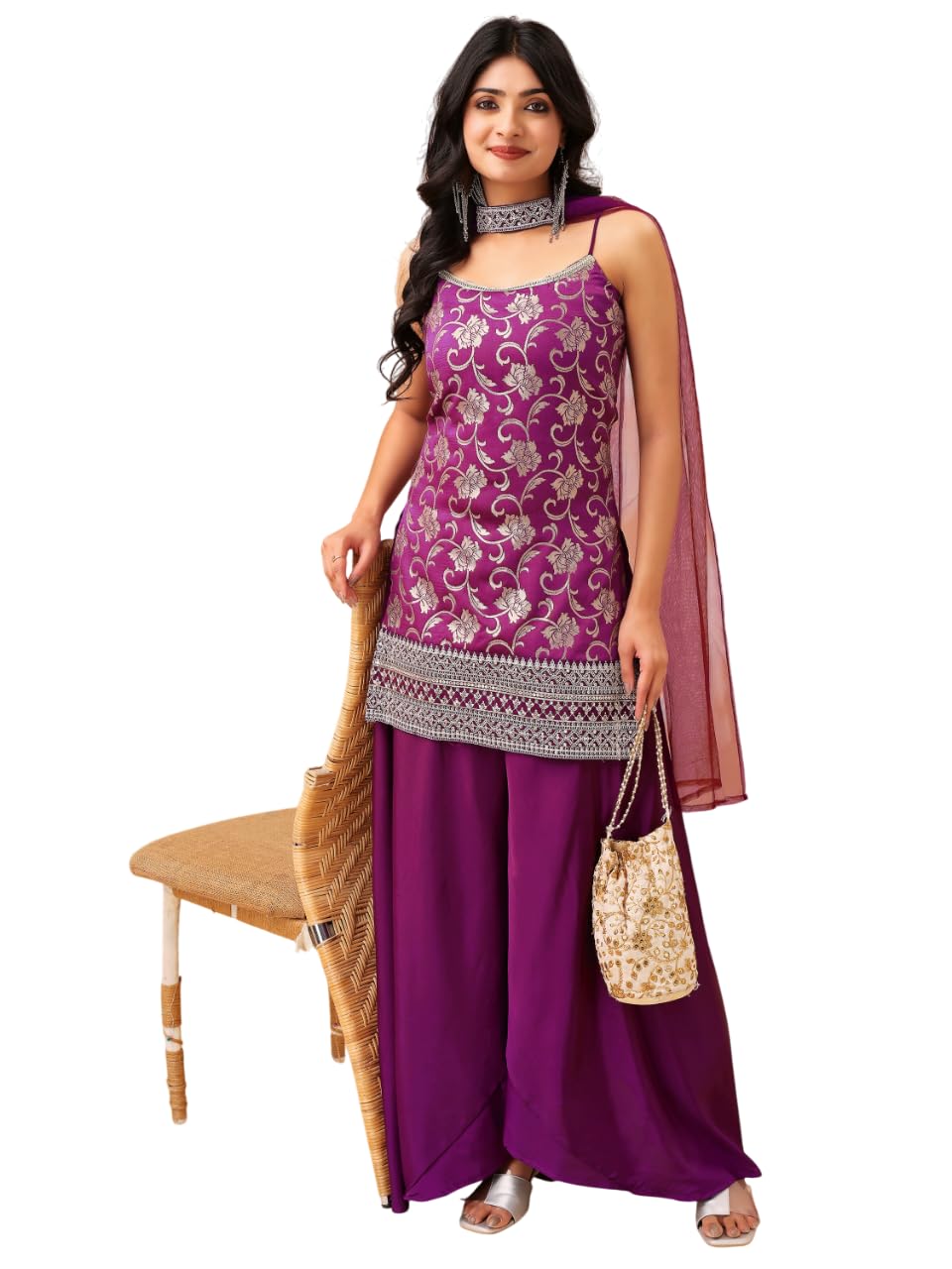 MAVIXA Women's Embroidered Kurta and Sharara with Dupatta | Wedding Suit | Kurta Set | (IN, Alpha, XL, Regular, Purple)