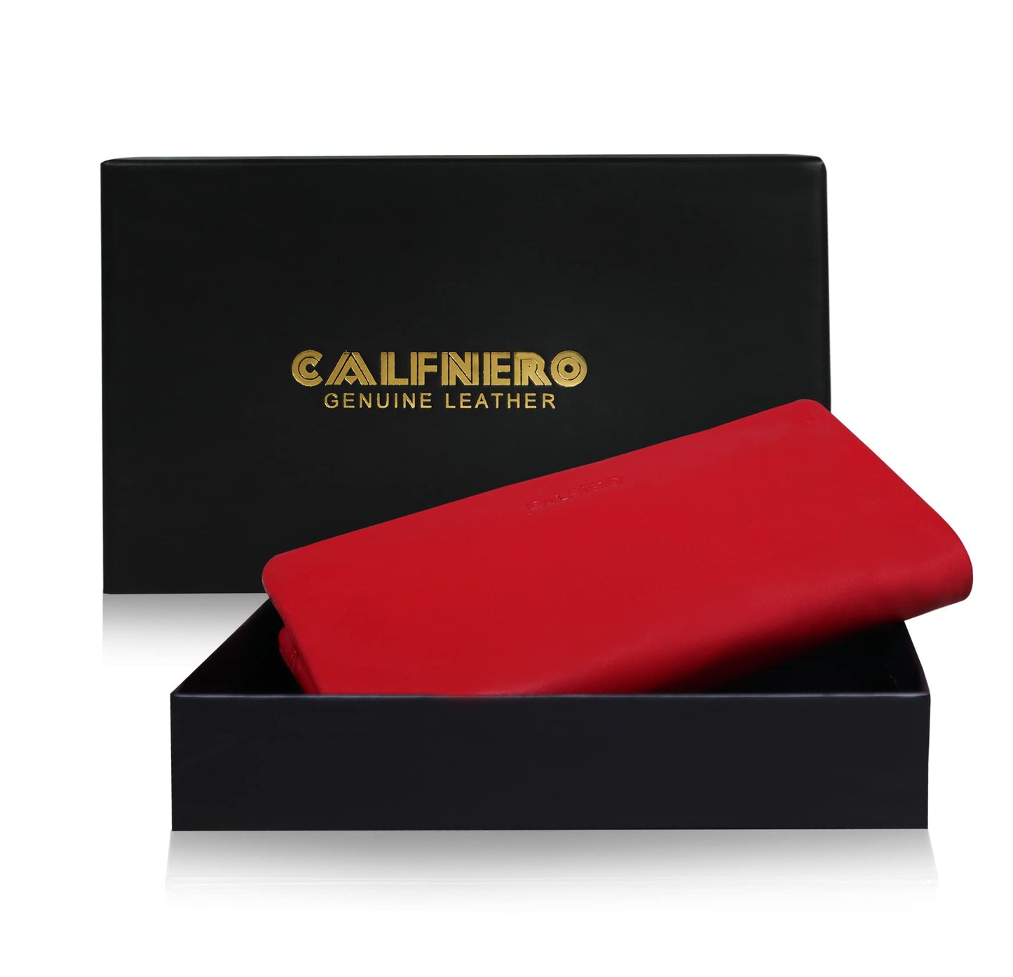 Calfnero Women's Genuine Leather Wallet-Long Purse Wallet with Multiple Card Slots, Zip Pocket and Note Compartments (Red)