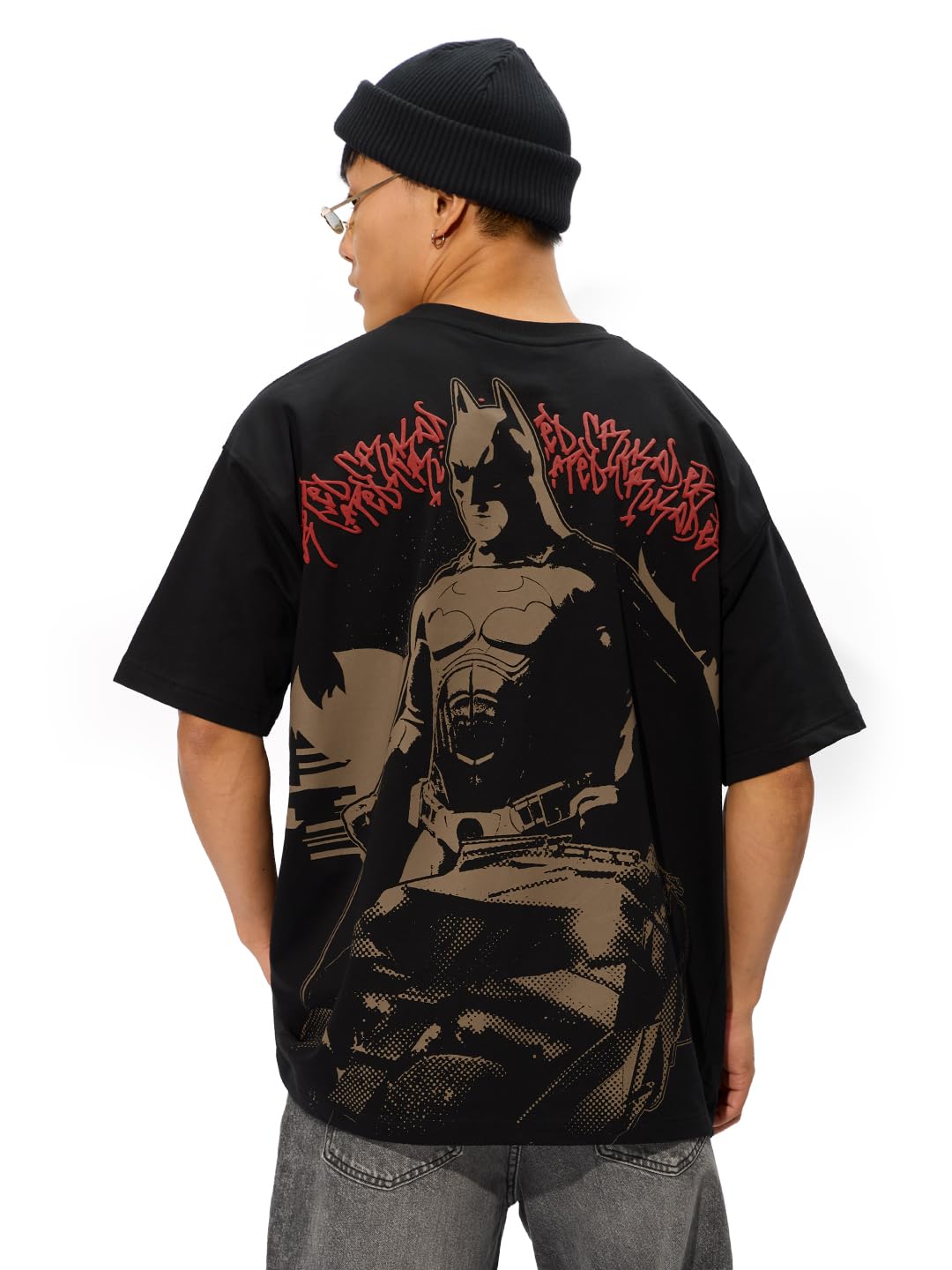 The Souled Store Official Batman Originals: Justice Oversized T-Shirt for Men Boys Cotton Casual Half Sleeves Baggy Loose Fit Drop Shoulder Round Neck Black