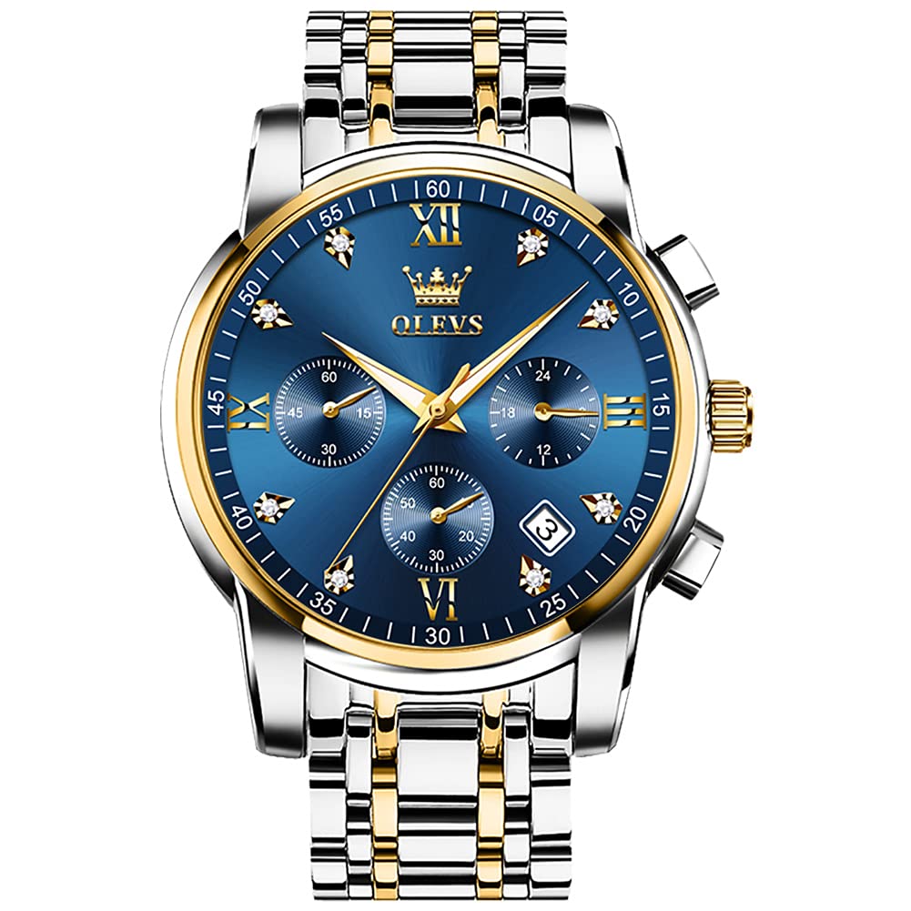 OLEVS Men's Business Watch With Date, Luminous Quartz Movement, Waterproof Stainless Steel Strap, Stopwatch Timing Function - Silver Band, Gold Case, Blue Dial, Classic