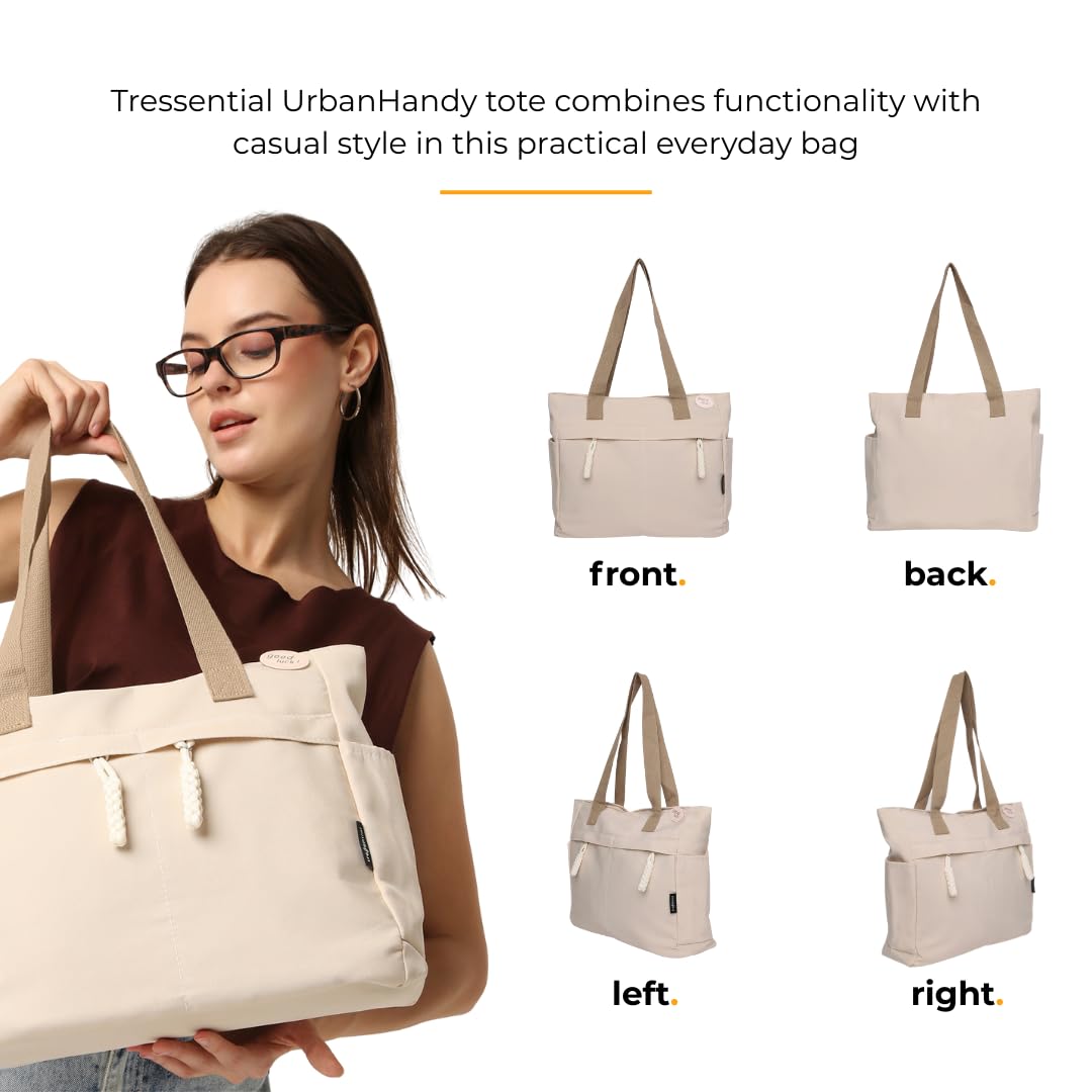 Tressential UrbanHandy Canvas Tote Bag, HandBag for Women, Multi-Pocket Design, Casual Style for Office & College (Ivory)