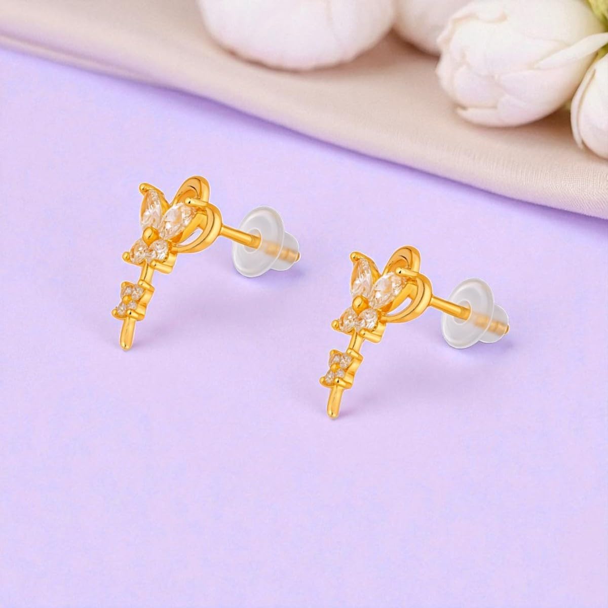 AccessHer Gold-Plated Butterfly Floral American Diamond Stud tops Earrings | Contemporary Mini Stud Jewellery For Gift | Lightweight Earrings for Women & Girls