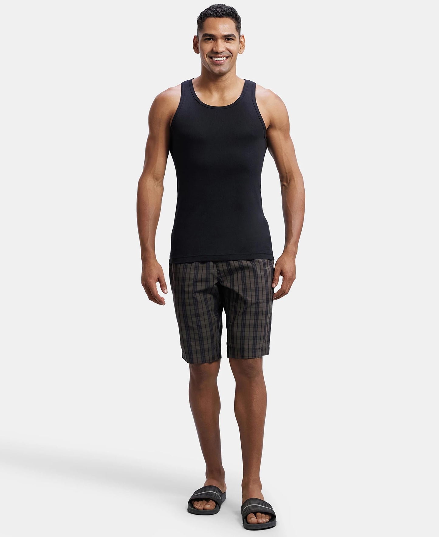 Jockey 9005 Men's Super Combed Mercerized Cotton Woven Fabric Regular Fit Checkered Bermuda with Side Pockets_Black Olive_M