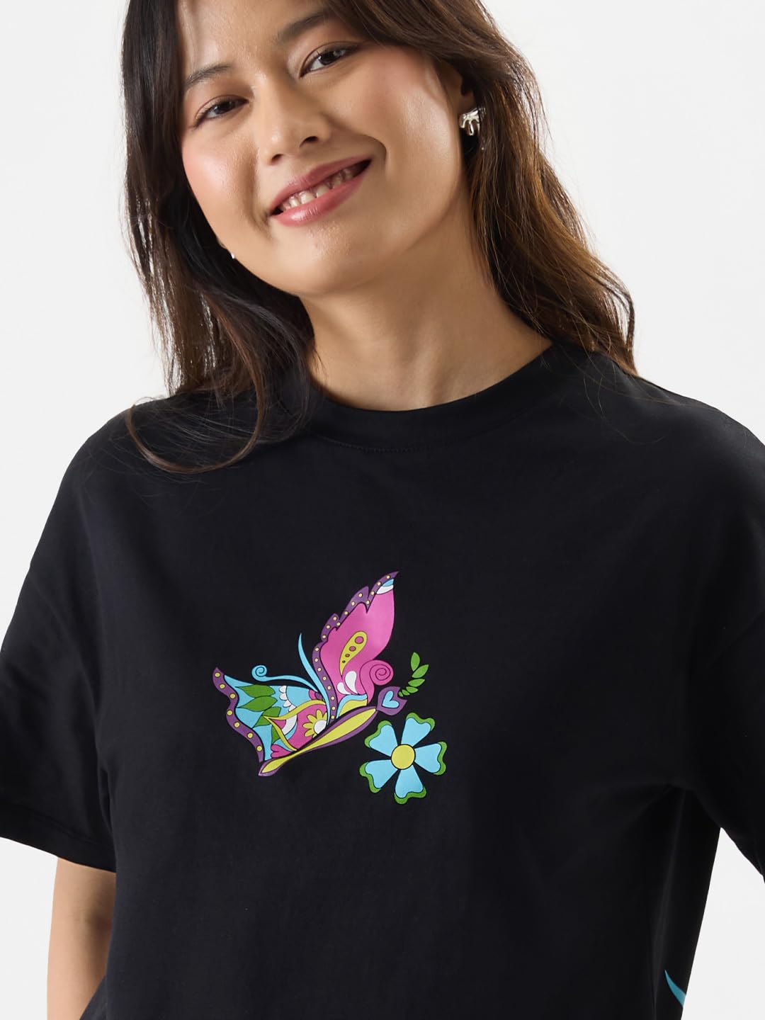 The Souled Store Wild & Free Women Oversized T-Shirts Oversized T Shirts for Women T-Shirt Girls Cotton Casual Half Sleeves Baggy Loose Fit Drop Shoulder Round Neck Back Printed Tshirt Branded