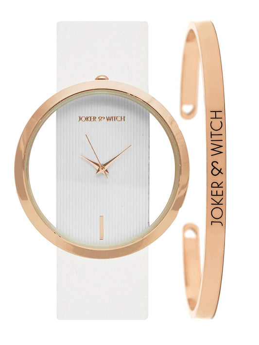 Joker & Witch Leather Vanilla Glitz White Dial Analogue Watch Bracelet Stack For Women, White Band