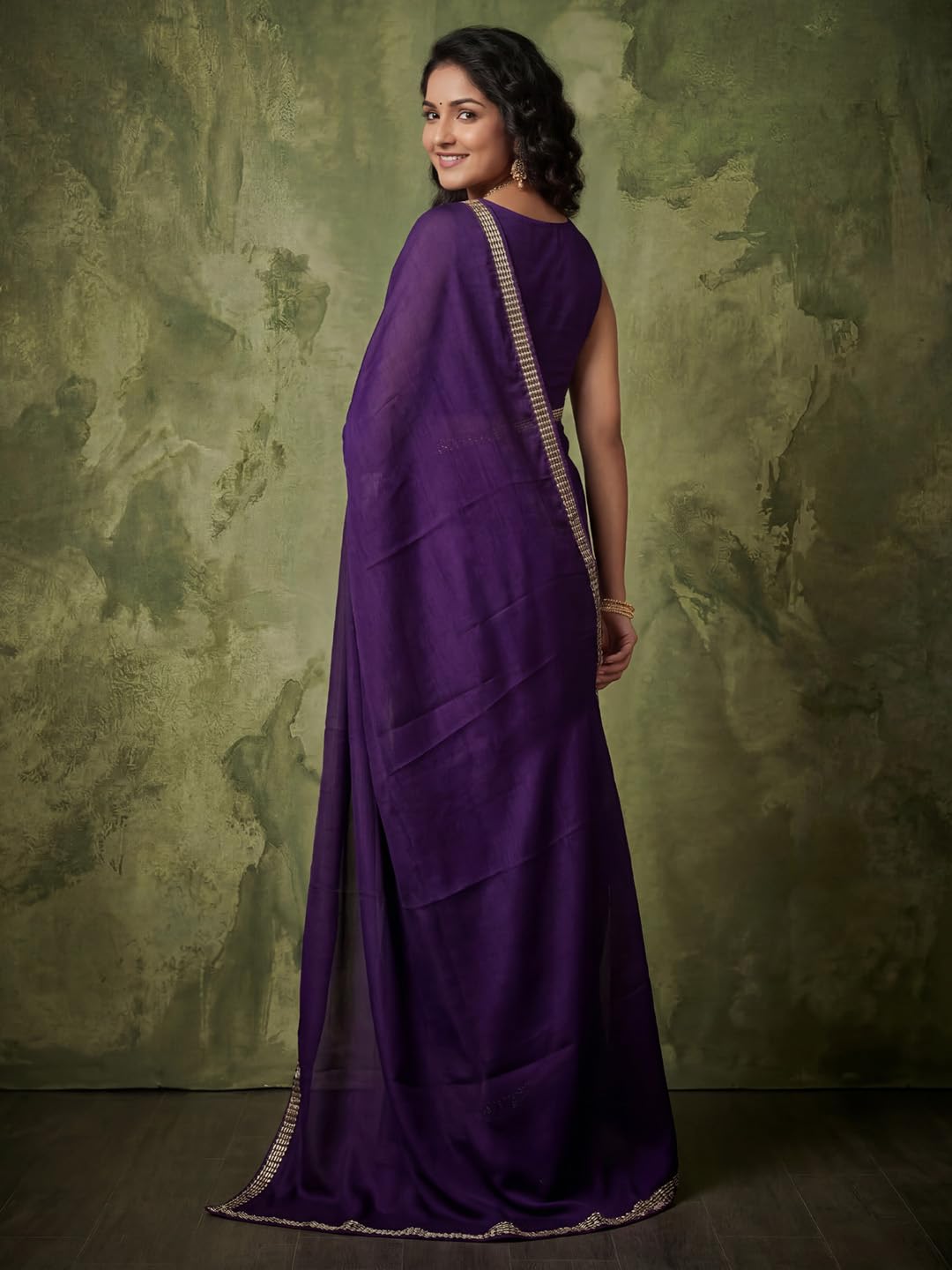 AKHILAM Women's Shimmer Purple Satin Solid Embroidered Lace work Saree With Unstitched Blouse Piece | saree for woman | Designer Saree for Women | Soft and Skin Friendly (GOPI8501_RX)