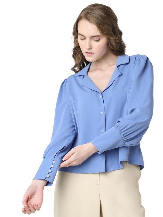 VERO MODA Women Solid Blue Polyester Regular Fit Shirt