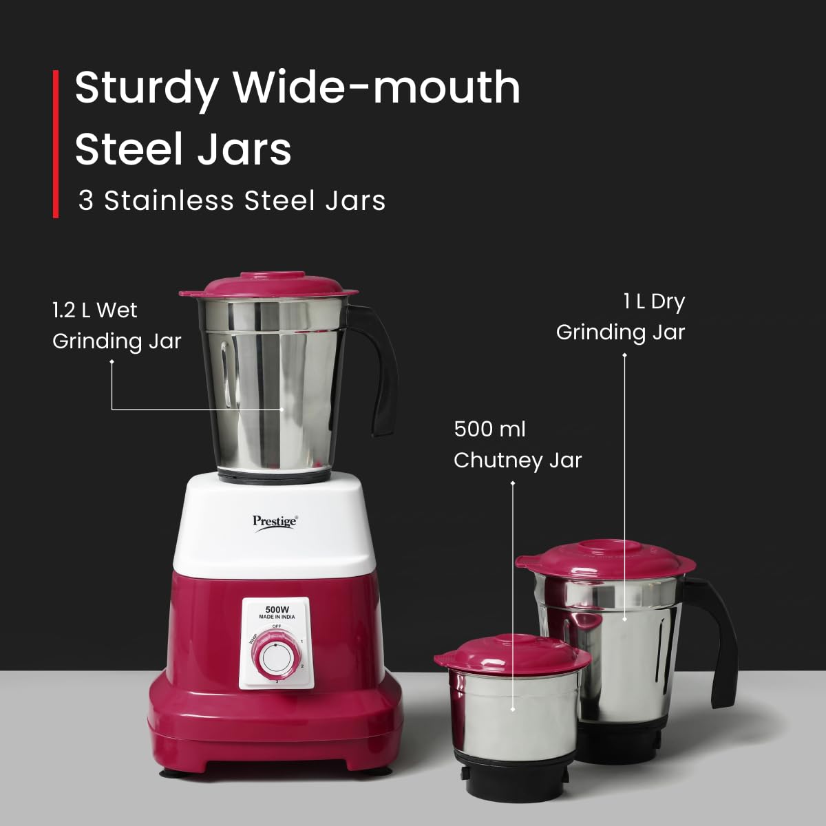 Prestige Orion 500 Watts Mixer Grinder with 3 Stainless Steel Jars |3 Super Efficient Stainless Blades |Sturdy Handles|Red & White