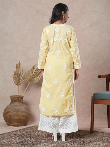 Ada Hand Embroidered Lucknowi Chikankari Cotton Kurta Kurti Tunic for Women A411696 Yellow (4XL)