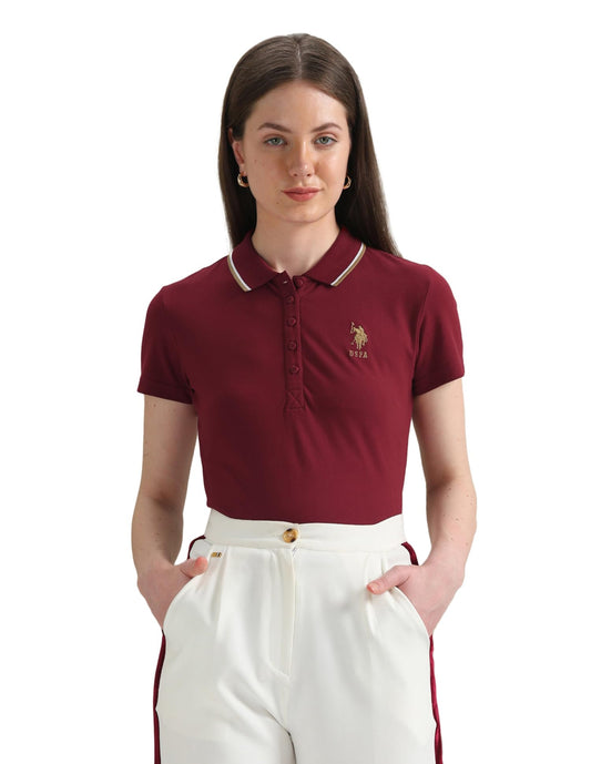 U.S. POLO ASSN. Women's Tipped Collar Pique Polo Shirt (UWSS24PTS069_Red_L)